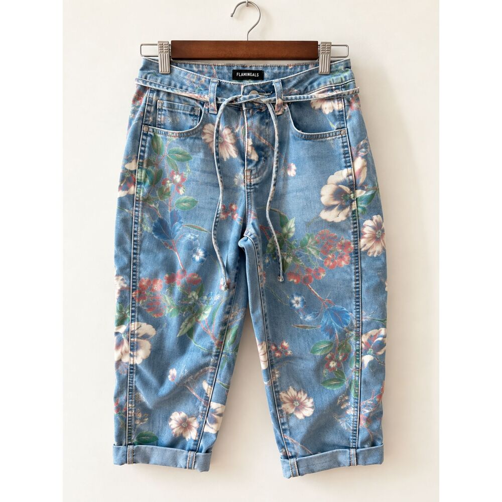 FLAMINGALS Women’s XS Floral Denim Jeans Tie Waist Cuffed Boyfriend Pants